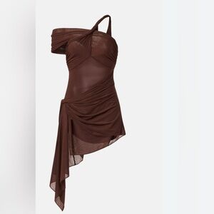 Ronny Kobo Izel Desert Brown Sheer Mesh Off The Shoulder Mini Dress M